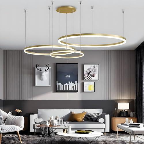 LED Pendelleuchte 3 Ringe Gold Dimmbar Höhenverstellbar 20/40/60cm 75W | Wohnzimmer Hängelampe, 6000lm, 120cm, Fernbedienung, 3000K-6500K, Memory-Funktion, LED Hängelampe Ring Esszimmer Schlafzimmer
