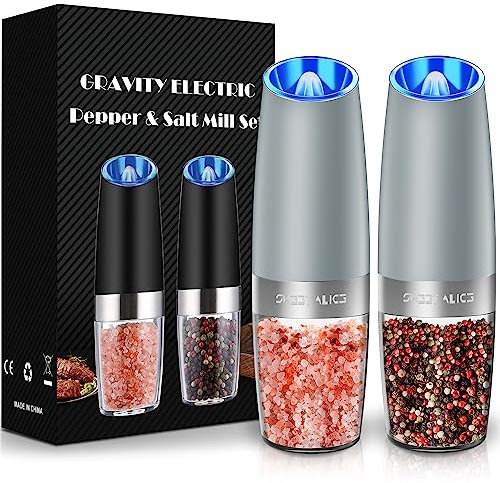 Gravity Electric Pepper and Salt Grinder Set, Adjustable Coarseness, Battery Powered with LED Light, One Hand Automatic Operation, Light Grey, 2 Pack