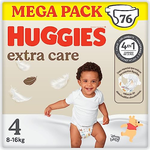 Huggies Extra Care Pañal para bebé con diseños Disney Talla 4 (8-14 kg), 2 packs x 38 pañales, 76 pañales con almohadillas extra suaves que cuida de la piel del bebé