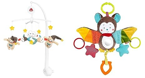 Fehn Musik Mobile Bruno - Baby Einschlafhilfe Musikspielzeug mit süßen Tieren & Activity-Spieltier Fledermaus – Baby Motorikspielzeug für Kinderwagen