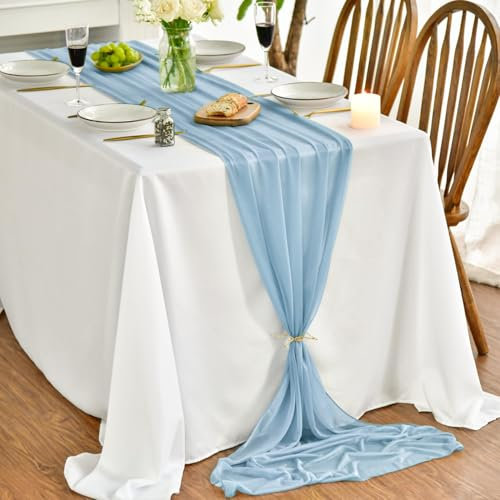 Artoid Mode Chiffon Musselin Dekostoff Staubiges Blau Tischläufer 75x300 cm, Küche Tisch Dekoration Drinnen Urlaub Hochzeit Party Geburtstag Dekor