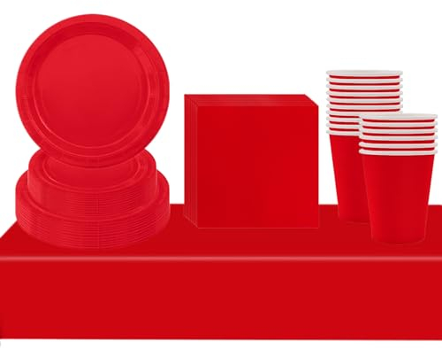 69Pcs Red Plastic Table Cloth Cover, Paper Plates, Napkins and Cups for Christmas Party Supplies, Red Table Decorations Dinnerware Set for Kids Adults Birthday, Xmas Party