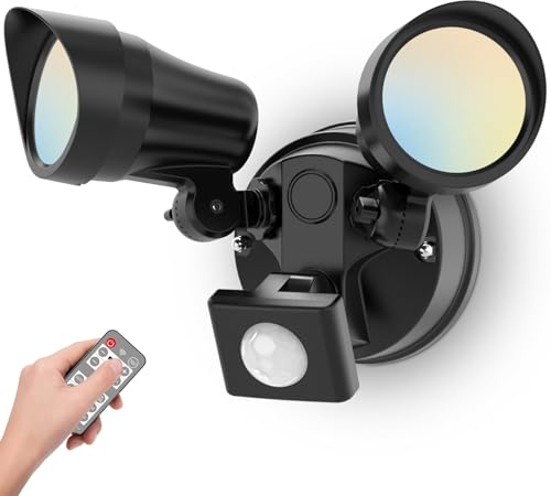 ALUSSO LIGHTING 25W LED Security Light Remote Control 2000lm, 3000K-6500K Dimmable, Outdoor Motion Sensor Double Light Dask to Dawn, IP65 Waterproof for Garden, Patio, Backyard