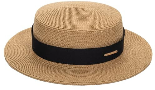 Women Boater Straw Sun Hat - Classic Panama Short Brim Fedora Summer Beach Sun Hat, Khaki, M/L