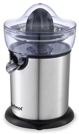 Techwood Inox Presse-Agrumes - Démarrage Auto, Double Cônes, Bec Versatile, Récipient 350ml, 130W, Gris