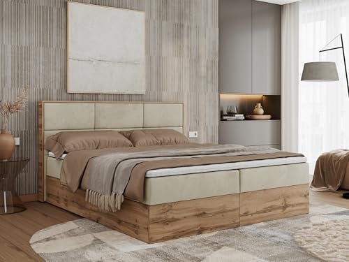 MKS MEBLE Boxspringbett 180x200 mit Bettkasten Holz Holzrahmen, Boxbett 180x200 mit Matratze H3 und Kopfteil - Beige Samt - Albero-2