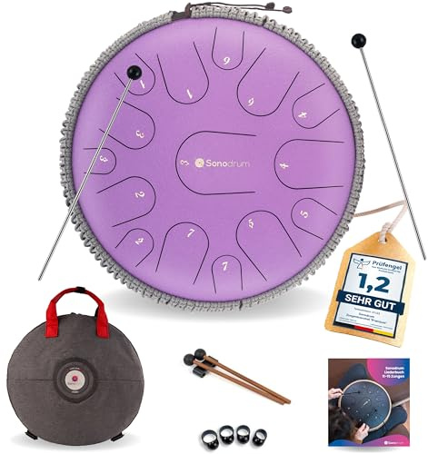 Sonodrum Zungentrommel Premium C - Dur in Flieder - 35 cm groß mit 15 Tönen - Steel Tongue Drum inkl. Liederbuch, Schlägel, Fingersticks und Tragetasche - Notenlesen nicht nötig, einfach zu spielen.