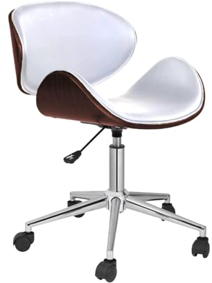 Fohfurniture Holz Bürostuhl, Breiter PU Leder Chefsessel, Frisiertischstuhl Moderner Computer Schreibtischstuhl aus Nussbaumholz, 360° drehbar, höhenverstellbar mit Home Office (Wing, Weiß)