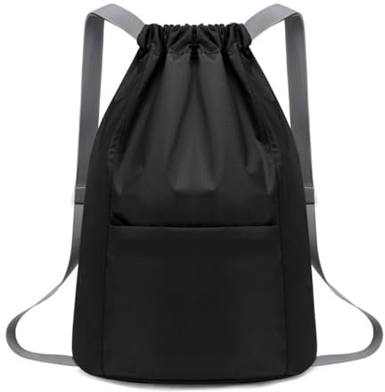Drawstring Gym Bag Waterproof Swimming Bags Large Sports Backpack Foldable Draw String Bag for School Sports Storage Beach Travel Personalised Sackpack for Men Women Kids Girls Students (Black)
