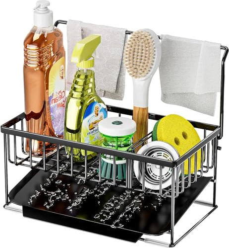 Kitchen Sink Caddy Organiser - Stainless Steel Sponge Holder Brush Soap Dishcloth Holder with Removable Drip Tray Rustproof Sink Storage Rack for Countertop, Black