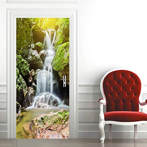 Door Mural Decal Wallpaper Door Stickers Self-Adhesive Wall Art Sticker Peel and Stick Vinyl for Interior Exterior Doors Bedroom Office Bathroom Kitche 33.9x84.6 Inchs Green Waterfall Landscape