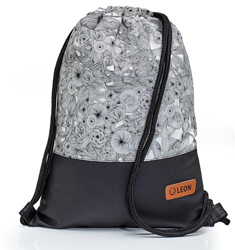 By Bers Leon großer Premium Turnbeutel mit Innentaschen Rucksack Tasche Damen Herren Teenager Gym Bag Draw String 45x34cm für Sport Reise Alltag Einkauf (TBMorningGloryPuSchwarz)