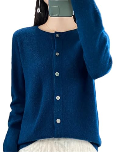 Damen-Strickjacke, Merinowolle, Kaschmir, lockere Passform, langärmelig, Rundhals-Ausschnitt