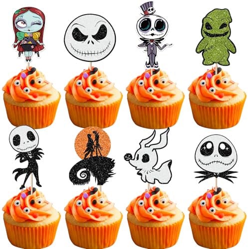 Rsstarxi 24 Pack Skellington Halloween Cupcake Toppers Jack Skellington Birthday Decorations Skull Ghost Cupcake Picks for Nightmare Before Christmas Birthday Party Cake Decorations