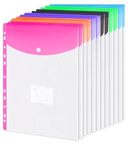 BOENFU Dokumententasche A4 Abheftbar, 12 Stück Transparent Dokumentenmappe A4 zum Abheften, Wasserdicht Erweiterbare Mappen mit Druckknopf, 11 Löcher Kunststoff Umschlagmappen, 6 Farben