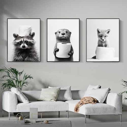 3 Bilder Badezimmer Tiere Lustige Poster Toilette Bilder Schwarz Weiß Tiere Waschbär Otter Fuchs Witzige Klo Bilder Deko Wand Toilette Gästebad Gästeklo Gäste WC Modern Leinwand 30x40 ohne Rahmen