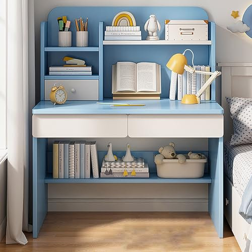 JHDXL Computertisch für das Home Office mit Schubladen, Schreibtisch mit Regal, PC-Tisch Gaming Tisch für Home Office, Büro, Wohnzimmer, Einfach zu installierender Schreibtisch(Blue,120cm/47.5in)