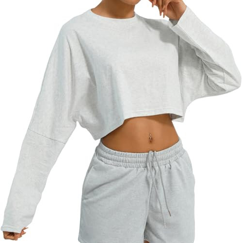 Women's Oversize Workout Crop Tops Long Sleeve Crewneck Drop Shoulder Sweatshirt Loose Fit Casual Solid Basic Tees Pullover T Shirts Grey White S 2024