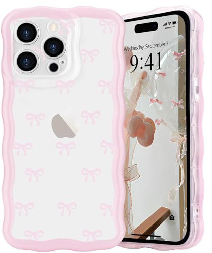 L-FADNUT Bow Case for iPhone 14 Pro, Curly Wavy Frame Cute Girly Ribbon Pretty Phone Case, Soft Wave Clear Slim Silicone Shockproof Anti-scratch Cover for Women Girl