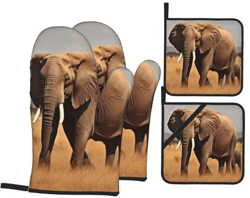 Ofenhandschuhe und Topflappen, Motiv: afrikanischer Elefant, rutschfeste Ofenhandschuhe, isolierte Mikrowellen-Ofenhandschuhe und Kochhandschuhe für Küche, Backen, Grillen, 4-teiliges Set