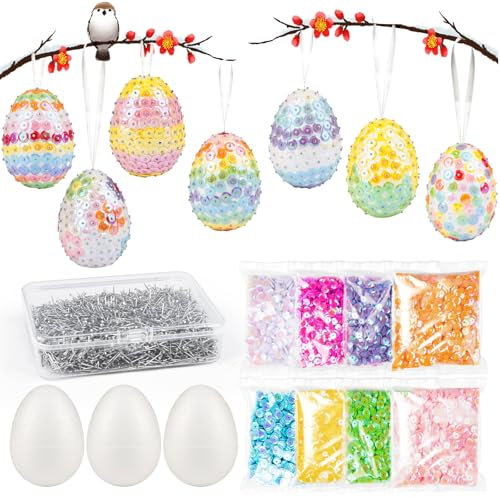 Joxessaien 20 Stück Styroporeier zum Basteln, Ostereier Pailletten Set, 6cm Ostereier Verzieren, Pailletten Eier Basteln Ostern