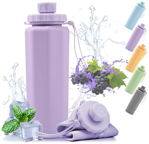 Botella Agua Plegable, Shilin 600ml Botella Plegable Silicona, Aprueba Fugas y PortáTil, Libre de Bisfenol a, Botella Running, Adecuada para Camping, Desplazamientos, Botella Plegable Viaje (Púrpura)