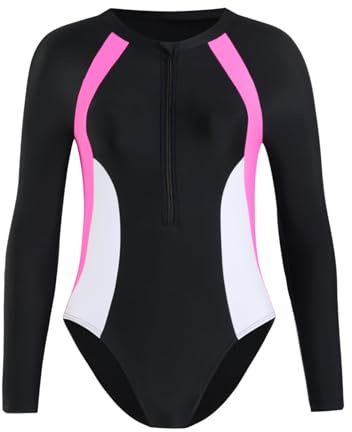 Xumplo Swimming Costume Girls One Piece Long Sleeve Swimsuits Teens Color Block Zipper Swimwear Kids Bathing Suit 10-11 Years