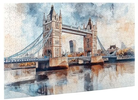 Liorosa London Tower Bridge Puzzles For Adults 500 Pieces,Watercolor Art Wooden Jigsaw Puzzle,Iconic Suspension Bridge With River Reflection,Fun Activities For The Holidays With The Family