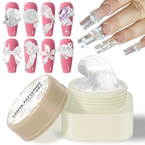 3D Sculpting Gel for Nail Art, 2-Pack White Solid Builder Gel, Carving Gel for 3D Nail Designs & Extensions Non-Stick Soak-Off UV/LED Curable with Embossed Patterns Long Lasting Wear for Salon DIY Use