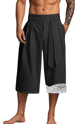 Nlaayong Pantalon Japonais Homme Court en Lin, Pantalon Taro Traditionnel avec Cordon de Serrage, Vêtements Authentiques Japonais