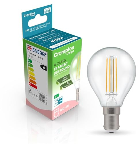Crompton Lamps LED Ultra-Efficient Golfball 2.2W SBC-B15d A-Class (40W Equivalent) 3000K Warm White Clear 470lm SBC Small Bayonet B15 A-Rated Light Bulb