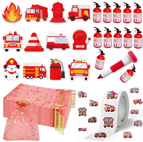 Yrmysrx 536-teiliges Feuerwehrauto-Party-Schreibwaren-Set mit Haftnotizen, Kugelschreiber-Rolle und Geschenktüten für Feuerwehr-Motto-Party-Zubehör, Dekorationen, Schulfüller, Belohnungen