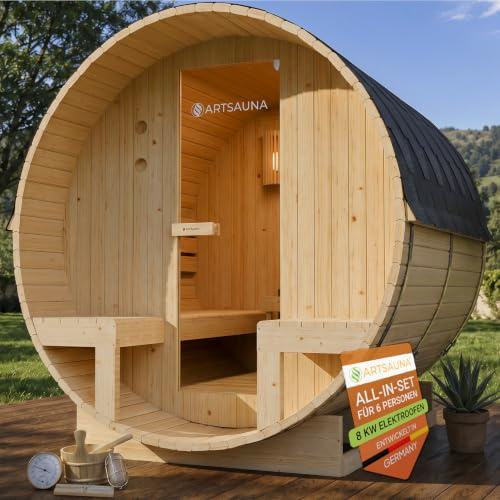 Artsauna Outdoor Fasssauna Spitzbergen 220 für 6 Personen und Zwei Bänken - 8 kW Ofen, Saunasteine & Zubehör - Saunafass aus Fichtenholz - Außensauna Gartensauna