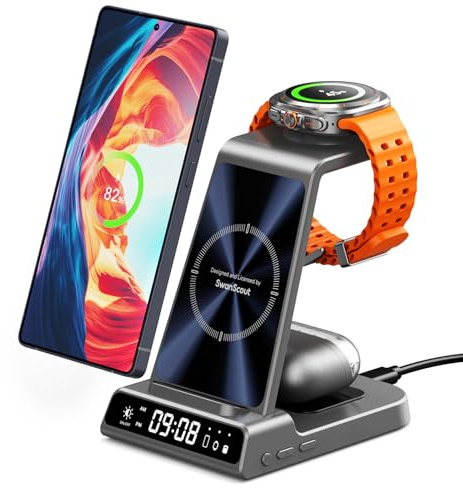 Wireless Charging Station for Samsung, 2025 Upgrade 3 in 1 Wireless Charger for Samsung Galaxy S25 Ultra/S24 Ultra/S23/S22/Z Flip 7/Z Fold 6, Charger Stand for Galaxy Watch Ultra/8/7/6/5, Galaxy Buds
