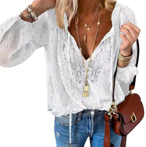 Fronage Floral Embroidered Lace Tops for Women UK Boho Sexy V Neck Long Sleeve Shirts Casual Hollow Out Looes Lace Tops White