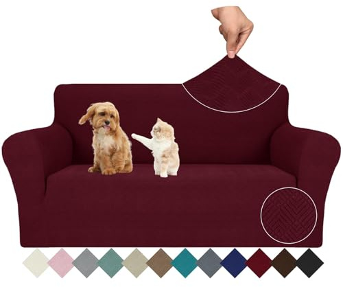 Ystyle Universal Stretch Sofa Überzug 2 Sitzer mit Armlehne, Weinrot | Sofabezug Rutschfest, Elastische Couch Überzug Jacquard, Sofa Cover Moderne, Sofaschoner Hund Katze für Wohnzimmer