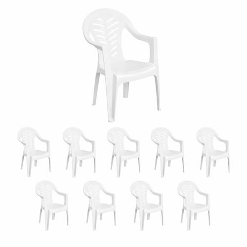 Pack 10 Sillas Jardín de Plástico Apilable Blanca con Reposabrazos | para Jardín, Terraza, Playa y Camping | Silla Ergonómica de PVC, Cómoda y Resistente
