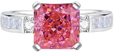 Musihy Frauen Verlobungsringe, Platin Ring mit 8x8mm quadratischem, im Labor hergestelltem Padparadscha-Saphir und Moissanit, Größe 54 (17.2)