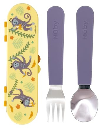 Nuby Stainless Steel Toddler Utensils with Travel Case – Easy-Grip Fork & Spoon Set for Self-Feeding, Safe Rounded Edges, Durable Stainless Steel, Perfect for On-The-Go Meals, Monkeys