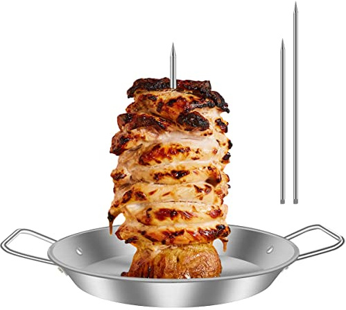 Vertical Kebab Skewer Stand - Stainless Steel Chicken Skewers Grill Rack with 3 Removable Spikes (8, 10, 12 Inch), Drip Tray and Handle for BBQ Oven Gyros Shawarma Whole Chicken