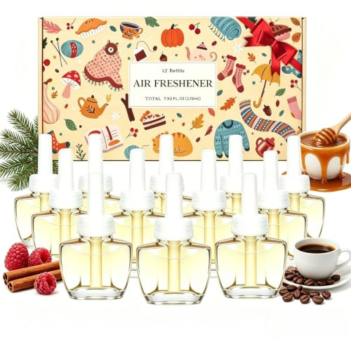 LASENTEUR Duftstecker Nachfüller für Air Wick & Glade, 12x19ml Winter Mix | Vier Duftrichtungen: Spruce, Caramel, Espresso, Raspberry Cinnamon für Küche, Wohnzimmer, Bad & Gästezimmer