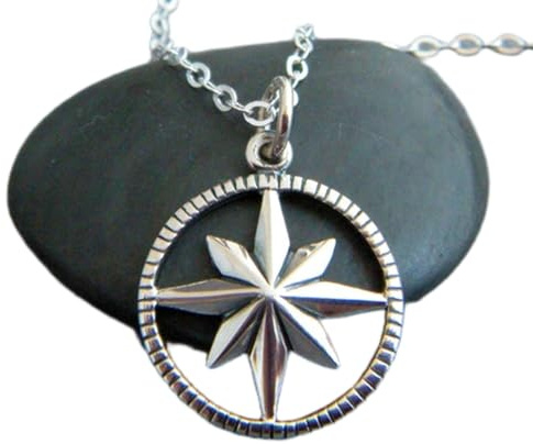 Collier en argent sterling 925, pendentif rose des vents rustique, bijou simple de style bohème, patine oxydée, idéal pour les voyages et les jeunes diplômés|Chaîne de 45 cm|Plaqué argent|WW_PNK_02573