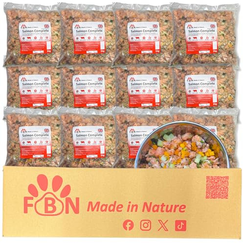 Raw Dog Food Salmon Complete 12kg Box – BARF Premium British Meat Frozen Dog Food 1kg Bags Premium Meat Recipe – Complete Dog Food with Vegetables & Botanicals for Working Dogs