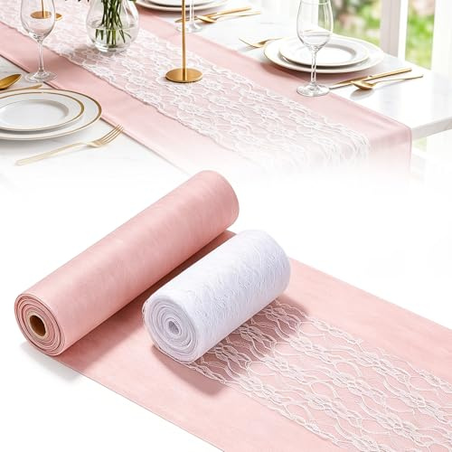 VIRETH HAUS Tischdeko Set Rosa, 2 Rollen Tischband zum Zuschneiden | Vlies Tischläufer 0,3m x 25m + Spitzenband Weiß 0,15m x 25m, für Taufe, Baby Shower, Verlobung, Hochzeit, Geburtstag