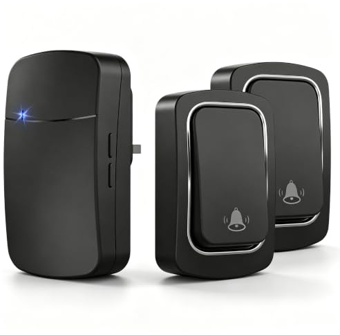 Wireless Doorbell, Self Powered Battery Free Door Bell with Plug-in Receiver, 38 Chimes, 4 Volume Levels, LED Flash, 150M Wireless Range, Easy Install for Home(Black+2 Transmitter+1 Receiver)
