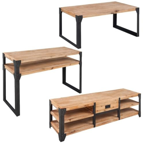 vidaXL Three Piece Living Room Furniture Set - Solid Acacia Wood TV Stand, Coffee Table, Console Table - Industrial Style Design, Easy Assembly, Spacious Storage.