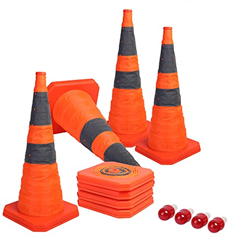 Sunnyglade 4 Pack 28 inch Collapsible Traffic Cones with LED Light Orange