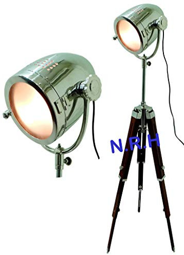 Retro Style Tripod Floor Lamp Spotlight Nautical Searchlight Wooden Tripod Stand