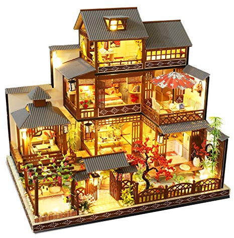 Spilay Dollhouse Kit de meubles miniature en bois à faire soi-même, mini modèle de cour japonaise plus fait à la main avec et boîte à musique, jouet créatif à l'échelle 1:24 pour cadeau adulte