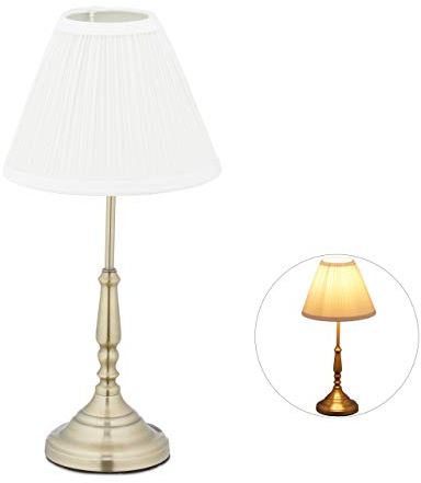 Relaxdays Tischlampe, Stoffschirm, Vintage, E14, Wohn- & Schlafzimmer, Nachttischlampe, Metall, HD 43 x 21 cm, weiß/gold